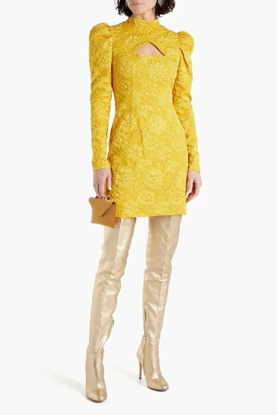NWT One33 Social Cutout Gathered Floral Jacquard Mustard Yellow Mini Dress 10